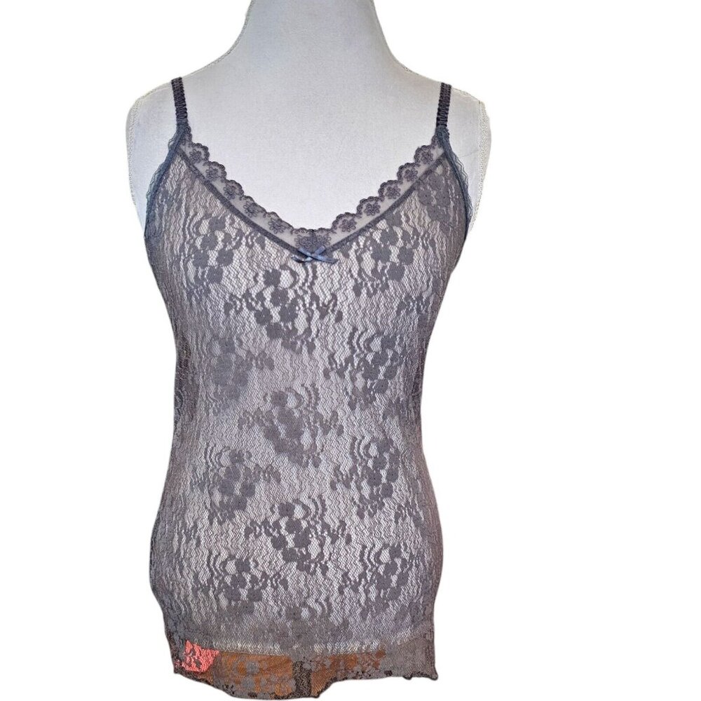 Y2K Womens Medium Lace Cami Tank Top Sheer Taupe Brown Floral Lettuce Hem Nylon‎